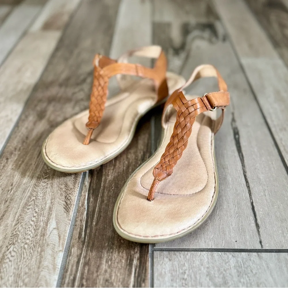 Born Tan Braided Leather T-Strap Sandals